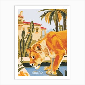 African Lion Drinking From A Watering Hole Illustration 1 Art Print