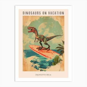 Vintage Deinonychus Dinosaur On A Surf Board 1 Poster Art Print