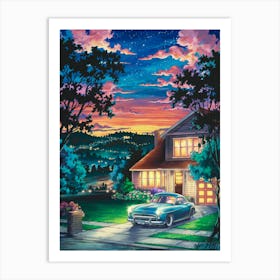 Anime Canvas Art: Vibrant Suburban Sunset with Starry Night Sky and Cozy Home, Ideal for Lofi Aesthetic Fans and Nostalgic Wall Decor. Art Print