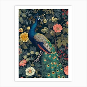Navy Blue Vintage Floral Peacock 2 Art Print