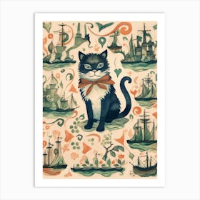 Medieval Style Ships & Cat With Bow Art Print