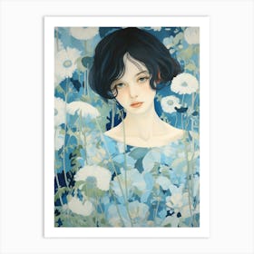 Girl In Blue Flowers Art Print