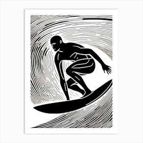 Linocut Black And White Surfer On A Wave art, surfing art, 268 Art Print