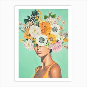 Frau mit Blumenhaar Maria, Pastel Blumenkranz, bunte Sommer Malerei Art Print