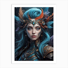 Blue Haired Girl With Feathers Art Print