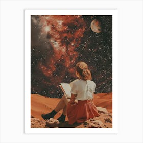 Girl Reading Book In Space Art Print