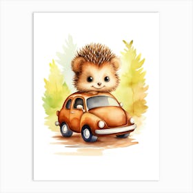 Baby Hedgehog On Toy Car, Watercolour Nursery 3 Art Print