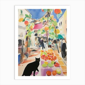 Food Market With Cats In Ibiza 2 Watercolour Art Print