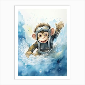 Monkey Painting Scuba Diving Watercolour 2 Art Print