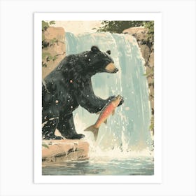 American Black Bear Catching Fish In A Waterfall Storybook Illustration 3 Art Print