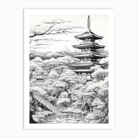 Chureito Pagoda In Yamanashi, Ukiyo E Black And White Line Art Drawing 2 Art Print