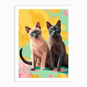 Flat Art Painting Adorable Two Burmese Cats Art Print