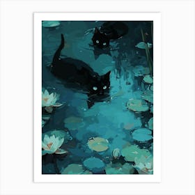 Black Cats In A Pond Art Print