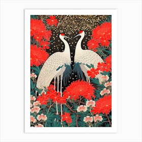 Red Spider Lily And Cranes Vintage Japanese Botanical Art Print