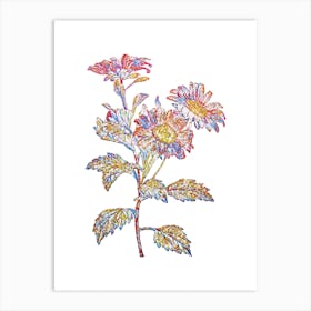 Stained Glass Red Aster Flowers Mosaic Botanical Illustration on White Art Print