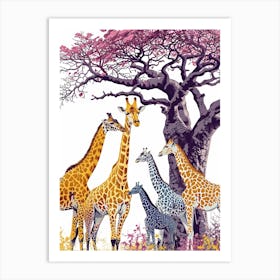 Giraffe Herd Under The Tree Watercolour 4 Art Print