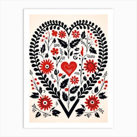 Folky Heart Linocut Style Black Red & White 1 Art Print