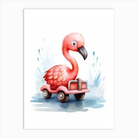 Baby Flamingo On Toy Car, Watercolour Nursery 2 Art Print
