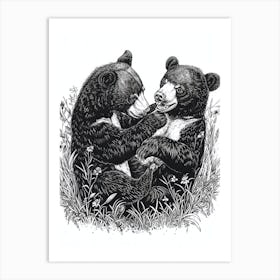 Malayan Sun Bear Playing Together In A Meadow Ink Illustration 1 Art Print