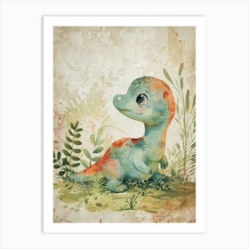 Cute Storybook Dinosaur In The Leaves Painting 2 Art Print