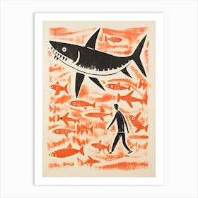 Shark, Woodblock Animal  Drawing 2 Art Print