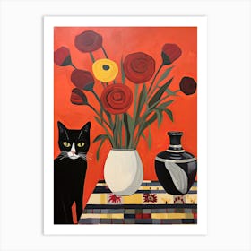 Poppy Flower Vase And A Cat, A Painting In The Style Of Matisse 0 Art Print