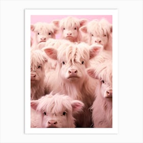 Multiple Baby Highland Cows Pink Realistic Photography Art Print