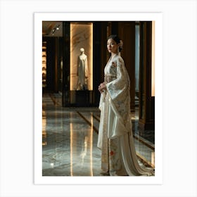 Asian Woman Stands Poised In A Luxurious Fashion Ensemble Contrasting Traditional Elements With Hig (7) Art Print