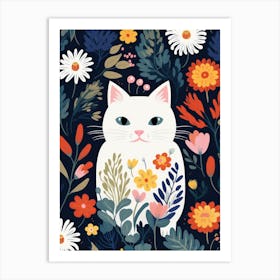 White Cat In Flowers Art Print