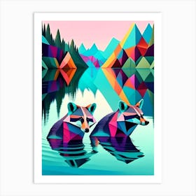 Two Raccoons Swimming In Lake Modern Geometric Violet Art Print