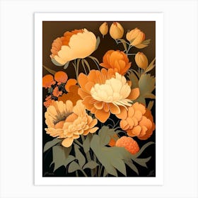 Cut Flowers Of  Peonies 1 Orange Vintage Sketch Art Print