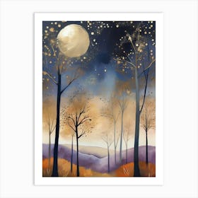 Cosmic Fall Night،
An ethereal boho painting that captures the beauty of a fall night sky. The background is a deep navy, speckled with tiny stars, while the foreground features silhouettes of autumn trees in shades of charcoal and dark olive. The moon is painted in a glowing silver, surrounded by soft wisps of mist in pale gold and lavender.
.6 Art Print