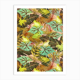 Hiding Tropical Tree Frogs in Warm Green Foliage on Pastel Peach Art Print