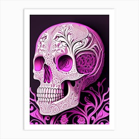 Skull With Intricate Linework 1 Pink Line Drawing Art Print