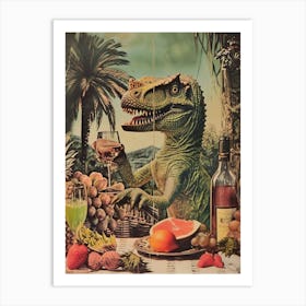 Dinosaur Drinking Wine Retro Collage 2 Art Print