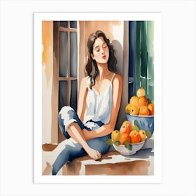 Watercolor Of A Girl With Oranges Art Print