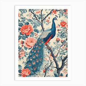 Vintage Peacock Wallpaper With Vibrant Flowers  2 Art Print