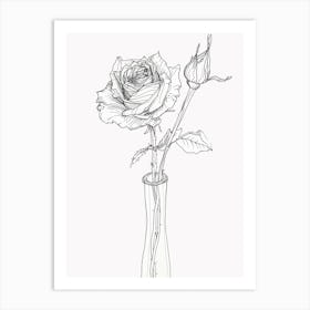 English Rose In A Vase Line Drawing 1 Art Print