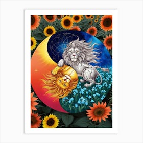 Lion And Sunflowers 1 Art Print