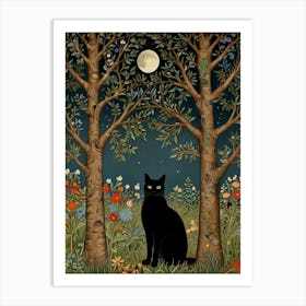 Cat In The Moonlight Style William Morris 5 Art Print