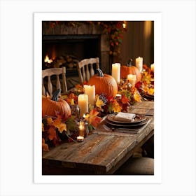 Autumn Table Decoration Cascading Leaves Of Warm Hues Rest Atop Smooth Pumpkins With Textured Exter (4) Art Print