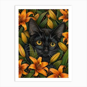 Black Cat In Lilies 3 Art Print