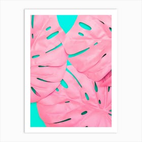 Pink Monstera Leaves On Turquoise Background Art Print