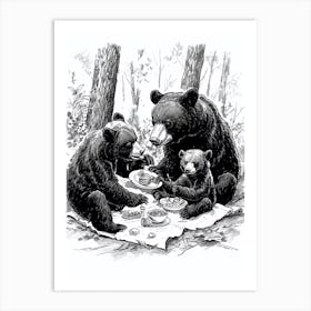 Malayan Sun Bear Family Picnicking Ink Illustration The Woods Ink Illustration 1 Art Print