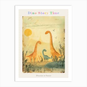 Dinosaur Family In The Sunset Storybook Style Poster Art Print