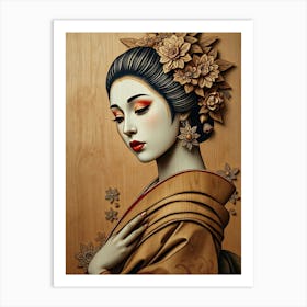 Geisha Wood Work Portrait Art Print