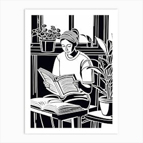 Lino cut Inspired black and white Reading In the Garden Art, Garden Girl Art, Gardening reading, 241 Art Print