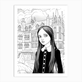 Nevermore Academy With Wednesday Addams And A Cat Line Art 4 Fan Art Art Print