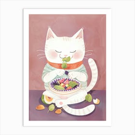 White Cat Salad Lover Folk Illustration 4 Art Print