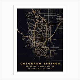 Colorado Springs Colorado USA Black And Gold Map Art Print